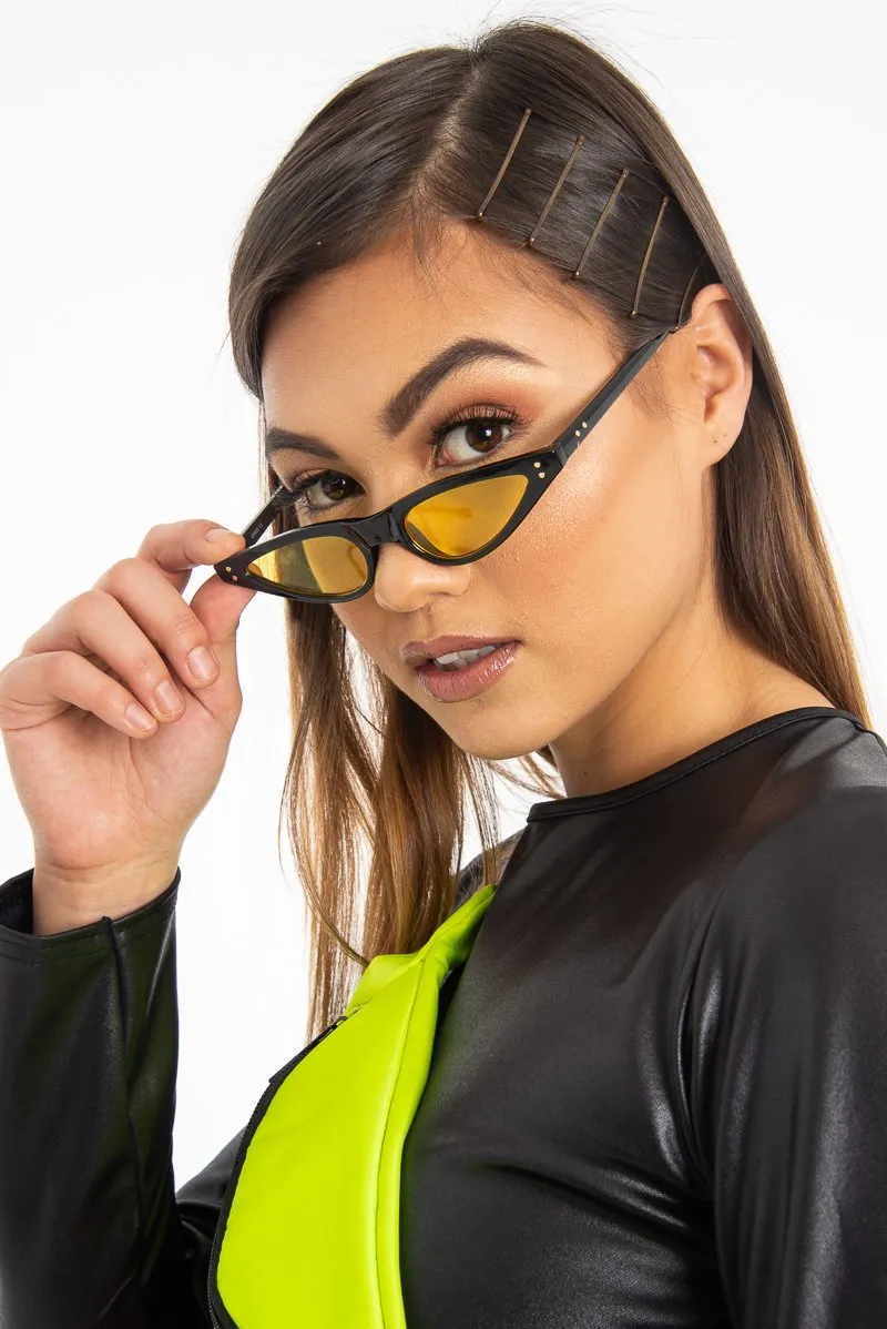 Black Yellow Slim Pointed Cat Eye Sunglasses - Fluer