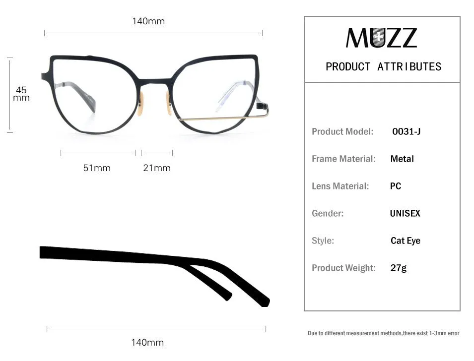 Muzz Women's Full Rim Square Cat Eye Titanium Frame Eyeglasses 0031